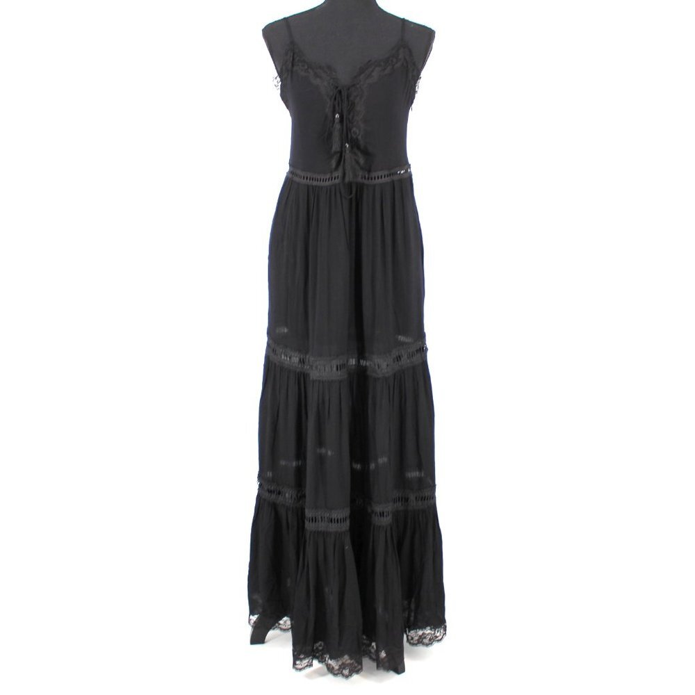 Jonathan Simkhai Lace Trim Applique Black Sleeveless Maxi Dress Small Pleated